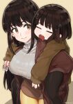  2girls absurdres bangs black_hair blush breasts brown_eyes brown_hair carrying closed_eyes food highres ice_cream jacket large_breasts looking_away marse_(rokudaime) multiple_girls open_mouth piggyback short_hair siblings signature sisters sleeping smile sweater turtleneck turtleneck_sweater 