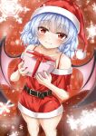 1girl absurdres bangs bat_wings belt blue_hair blurry blurry_foreground closed_mouth eyebrows_visible_through_hair fang from_above gift hat highres holding holding_gift looking_at_viewer merry_christmas off_shoulder red_eyes red_headwear reijing_etrn remilia_scarlet santa_costume santa_hat short_hair snowflakes solo standing thighs touhou upturned_eyes wings 