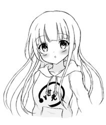  1girl :o bangs blunt_bangs blush breasts collarbone commentary_request cropped_torso gochuumon_wa_usagi_desu_ka? greyscale hair_between_eyes hood hoodie long_hair looking_at_viewer medium_breasts monochrome open_mouth rechiya_0222 simple_background solo tareme translation_request ujimatsu_chiya upper_body 