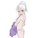  1girl black_eyes blush bra cowboy_shot grey_hair highres long_hair looking_at_viewer original panties ponytail rasukusekai red_lips simple_background solo underwear underwear_only white_background white_bra white_panties 