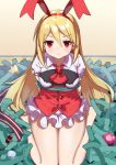  1girl blonde_hair blouse bow bowtie disgaea flonne flonne_(fallen_angel) hairband leotard long_hair looking_at_viewer makai_senki_disgaea pointy_ears red_bow red_eyes red_hairband shuibo white_blouse white_bow wings 