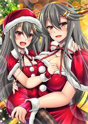  2girls breasts brown_eyes capelet christmas dress fingerless_gloves fur-trimmed_capelet fur-trimmed_gloves fur-trimmed_headwear fur_trim gloves grey_hair hair_ornament hairband hairclip haruna_(kancolle) hat headgear highres kantai_collection large_breasts long_hair mirisha multiple_girls red_capelet red_dress red_gloves red_headwear remodel_(kantai_collection) santa_costume santa_dress santa_hat short_dress sleeveless sleeveless_dress 