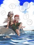  1boy 1girl abs barefoot beach blue_sky closed_eyes clouds genshin_impact grey_hair hat highres klee_(genshin_impact) razor_(genshin_impact) red_eyes sky smile tapio668 translation_request 