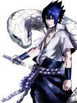  1boy bangs blue_hair clenched_hand cowboy_shot grey_shirt hair_between_eyes heterochromia high_collar holding holding_sword holding_weapon katana looking_at_viewer male_focus naruto_(series) naruto_shippuuden purple_belt red_eyes reverse_grip rinnegan rope_belt sharingan sheath shirt short_hair short_sleeves simple_background snake solo standing sword uchiha_sasuke unsheathing violet_eyes weapon white_background wristband 