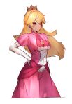  1girl absurdres bangs blonde_hair closed_mouth cropped_legs crown dress earrings elbow_gloves eyebrows_visible_through_hair gloves hand_on_hip highres jewelry long_hair pink_dress princess_peach shiburingaru simple_background smile solo super_mario_bros. symbol-only_commentary white_background white_gloves 