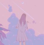  1girl bubble bubble_blowing clouds cloudy_sky crescent_moon dress feet_out_of_frame hand_up highres leaf long_hair moon original pink_theme plant purple_hair rasukusekai shooting_star short_sleeves sky solo white_dress 