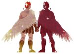  2boys bare_shoulders brothers castor_(housamo) from_behind full_body greek_clothes holding_hands male_focus multiple_boys muscular muscular_male pollux_(fate) redhead short_hair siblings sideburns silhouette single_wing sparkle thighs tokyo_afterschool_summoners tsuna_(so_da77) wings 