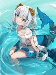  1girl absurdres blue_eyes blue_theme day fish_tail from_above gawr_gura highres holding_trident hololive hololive_english looking_at_viewer noor7 polearm shark_tail soaking_feet solo tail trident virtual_youtuber water weapon wet white_hair 