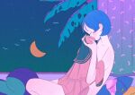  1girl bird black_sailor_collar blue_hair blush bra closed_eyes crescent_moon hands_up highres leaf moon nude original pink_shirt plant profile rasukusekai sailor_collar shirt shirt_removed short_hair solo underwear 