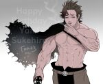  abs belt_buckle black_clover buckle cigarette floating_cape highres looking_at_viewer muscular muscular_male smoking sword_hilt tako3 topless_male veiny_arms yami_sukehiro 