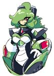  1girl artist_name breasts closed_mouth facial_mark goggles goggles_on_head green_hair hair_over_one_eye hand_on_hip highres large_breasts long_hair looking_at_viewer messy_hair original red_eyes revarrow robot smile solo 