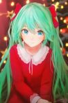  1girl aqua_hair bangs blue_eyes blurry blurry_background bow christmas christmas_tree dress eyebrows_visible_through_hair hair_between_eyes hair_bow hatsune_miku highres lace-trimmed_dress lace_trim long_hair looking_at_viewer ojay_tkym red_bow red_dress signature sitting solo star_(symbol) symbol-only_commentary twintails very_long_hair vocaloid 