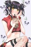  1girl alternate_costume alternate_hairstyle ayu_(sweetfish_man) bangs black_hair blunt_bangs blush breasts bubble_tea commentary_request crop_top cup demon_girl demon_horns double_bun eyebrows_visible_through_hair feet_out_of_frame fishnet_legwear fishnets hand_on_own_cheek hand_on_own_face highres holding holding_cup horns kojo_anna looking_at_viewer medium_breasts multicolored_hair parted_lips pointy_ears purple_hair short_hair short_twintails solo sugar_lyric thigh-highs thigh_strap twintails two-tone_hair virtual_youtuber white_background yellow_eyes 