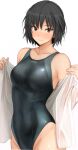  1girl amagami black_hair black_swimsuit breasts brown_eyes clothes_writing collarbone competition_swimsuit cowboy_shot dress_shirt looking_at_viewer medium_breasts mobu nanasaki_ai one-piece_swimsuit open_clothes shirt short_hair solo swimsuit 