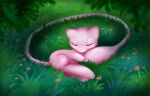  closed_eyes commentary english_commentary flower grass lying mew no_humans on_side orange_flower outdoors pokemon pokemon_(creature) pridark sleeping solo tail toes 