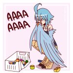  1girl ahoge bird_legs block blue_hair blue_wings claws commentary cup digitigrade english_commentary eyebrows_visible_through_hair feathered_wings feathers harpy holding holding_cup monster_girl monster_musume_no_iru_nichijou papi_(monster_musume) pink_background screaming short_hair silent-shanin solo squatting talons tank_top toy two-tone_background white_background winged_arms wings yellow_eyes 