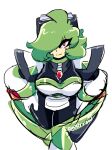  1girl artist_name breasts closed_mouth goggles goggles_on_head green_hair hair_over_one_eye hands_on_hips highres large_breasts long_hair looking_at_viewer messy_hair original red_eyes revarrow robot solo 