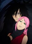  1boy 1girl black_hair female green_eyes haruno_sakura male naruto naruto_(series) naruto_shippuuden pink_hair uchiha_madara 