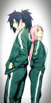  1boy 1girl black_hair female green_eyes haruno_sakura high_ponytail low_ponytail male naruto naruto_(series) naruto_shippuuden pink_hair squid_game track_jacket track_pants track_suit uchiha_madara white_shirt 