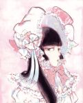  1girl black_hair bonnet bow brown_hair capelet frills from_side hime_cut limited_palette lolita_fashion long_hair looking_at_viewer makita_haruka original puffy_sleeves solo 