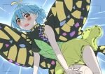 1girl antennae aqua_hair bad_anatomy bad_hands blush butterfly_wings dress eternity_larva eyebrows_visible_through_hair fairy green_dress hair_between_eyes multicolored_clothes multicolored_dress one-hour_drawing_challenge open_mouth orange_eyes short_hair single_strap solo touhou tsukiman wings 