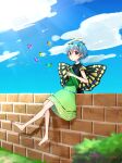  1girl animal antennae aqua_hair barefoot brick_wall brown_eyes bug butterfly butterfly_wings day dress eternity_larva eyebrows_visible_through_hair fairy green_dress hair_between_eyes highres katsuobushi_(eba_games) leaf leaf_on_head multicolored_clothes multicolored_dress short_hair short_sleeves single_strap sitting solo touhou wings 