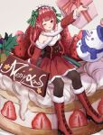  1girl bangs blush breasts cake christmas dress food fruit gift hair_ribbon highres it_ai long_hair looking_at_viewer one_eye_closed original pointy_ears redhead ribbon sign sitting small_breasts smile snowman solo strawberry 