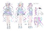  1girl :d blue_bow blue_eyes bow concept_art fingernails hair_bow long_hair long_sleeves looking_at_viewer miniskirt multicolored_hair multicolored_nails multiple_views nail_polish needy_girl_overdose official_art ohisashiburi omgkawaiiangel-chan open_mouth platform_footwear purple_shirt school_uniform serafuku shirt shoes simple_background skirt smile translation_request twintails very_long_hair white_background white_skirt 