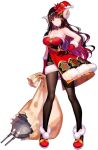  1girl armpits azur_lane bangs bare_shoulders black_hair black_legwear blunt_bangs breasts choker closed_eyes closed_mouth curled_horns dress eyebrows_visible_through_hair flower frown fur-trimmed_dress fur-trimmed_gloves fur_trim fuzichoco gloves hair_flower hair_ornament hand_on_hip hat highres horns house large_breasts long_hair multicolored_hair official_alternate_costume official_art open_mouth pantyhose pink_hair red_flower santa_hat standing strapless strapless_dress suruga_(azur_lane) suruga_(uneventful_holiday_greetings)_(azur_lane) transparent_background two-tone_hair 