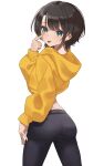  1girl absurdres akanbe ass blush brown_hair cropped_hoodie from_behind green_eyes hair_behind_ear hand_on_own_thigh highres hololive hood hoodie leggings looking_at_viewer looking_back oozora_subaru short_hair sl10_d smile solo tongue tongue_out virtual_youtuber white_background yellow_hoodie 
