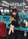  1girl 2boys absurdres bag bangs black-framed_eyewear black_dress black_footwear black_legwear blue_eyes blush book bookmark boots breasts brown_hair comiket_99 commentary_request cover cover_page crossed_legs dress elisia_valfelto eyebrows_behind_hair glasses hair_intakes handbag highres holding holding_book indoors long_hair long_sleeves luicent multiple_boys open_book original parted_lips people ribbed_legwear rolling_suitcase sitting small_breasts socks very_long_hair 