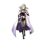  1girl absurdres arm_guards armor bangs belt black_footwear book boots byleth_(fire_emblem) byleth_eisner_(female) cape closed_mouth commentary_request dagger fingernails fire_emblem fire_emblem:_three_houses fire_emblem_heroes full_body gold_trim green_eyes green_hair highres holding holding_book jewelry kakage knee_boots knife lips looking_at_viewer midriff navel official_art pantyhose shiny shiny_clothes short_hair short_sleeves shorts simple_background smile solo standing stomach tiara weapon 