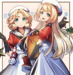  2girls adapted_costume black_gloves blonde_hair blue_eyes christmas christmas_ornaments closed_mouth dress eyebrows_visible_through_hair gloves hair_between_eyes hat highres janus_(kancolle) jervis_(kancolle) kantai_collection long_hair looking_at_viewer multiple_girls open_mouth panda_(heart_sink) puffy_short_sleeves puffy_sleeves sailor_hat short_hair short_sleeves smile snowflakes white_dress white_headwear 