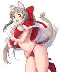  1girl :d absurdres animal_ears arukiru bikini bow breasts brown_eyes brown_hair capelet cat_ears cat_girl cat_tail christmas commentary_request hair_bow highres large_breasts long_hair looking_at_viewer navel original ponytail red_bikini red_bow red_capelet red_footwear shoes side-tie_bikini simple_background smile swimsuit tail teeth thighs upper_teeth white_background 