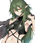  1girl absurdres antenna_hair arknights arm_strap bangs bare_shoulders bikini black_bikini black_choker breasts choker closed_mouth commentary gavial_(arknights) green_hair hair_between_eyes highres holding holding_clothes holding_shirt lips long_hair looking_at_viewer medium_breasts navel pointy_ears shirt shirt_removed simple_background sirius_enjoliao slit_pupils solo stomach swimsuit upper_body white_background yellow_eyes 