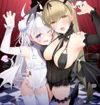  2girls armpits bangs blush breasts demon_girl fangs fed_(giba) flat_chest halloween highres large_breasts long_hair looking_at_viewer multiple_girls nail_polish one_eye_closed open_mouth original panties standing thigh-highs underwear white_hair 