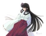  1girl bangs black_hair expressionless hakama hakama_skirt highres inuyasha japanese_clothes kikyou_(inuyasha) kimono long_hair long_sleeves miko oooranje_nlj red_hakama sidelocks skirt sleeves_past_fingers sleeves_past_wrists solo twitter_username very_long_hair white_background wide_sleeves yellow_eyes 