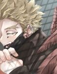  barururunru black_mask blonde_hair boku_no_hero_academia brown_jacket ear_piercing ears eye_contact hawks_(boku_no_hero_academia) highres jacket looking_at_another looking_at_viewer mask messy_hair mouth_mask multiple_piercings open_mouth own_hands_together piercing red_wings short_hair teeth tongue tongue_piercing wings 