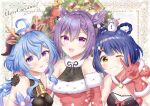  3girls :d absurdres animal_ears antlers arm_grab bangs bell black_bow black_gloves black_ribbon blue_hair bodysuit bow braid breasts center_opening christmas_tree dated detached_hood dress elbow_gloves eyebrows_visible_through_hair fake_animal_ears fishnets fur-trimmed_collar fur-trimmed_dress fur-trimmed_gloves fur-trimmed_hood fur-trimmed_sleeves fur_trim ganyu_(genshin_impact) genshin_impact gloves hair_between_eyes hair_bow hair_cones hair_ornament hair_rings hand_on_another&#039;s_shoulder highres hood hoodie horns keqing_(genshin_impact) large_breasts light_blue_hair long_hair looking_at_viewer medium_breasts multiple_girls neck_bell one_eye_closed purple_hair red_dress red_gloves red_hoodie reindeer_antlers ribbon santa_costume short_hair single_braid smile star_(symbol) tateko25wiz thick_eyebrows twintails upper_body v violet_eyes xiangling_(genshin_impact) yellow_eyes 