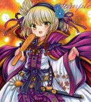  1girl :d adapted_costume blonde_hair blush cape danmaku gold_trim holding holding_stick long_sleeves looking_at_viewer marker_(medium) pointy_hair ritual_baton rui_(sugar3) sheath sheathed smile solo stick sword touhou toyosatomimi_no_miko traditional_media weapon wide_sleeves yellow_eyes 