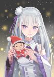  1girl absurdres bangs blush christmas dress emilia_(re:zero) flower hair_flower hair_ornament hair_ribbon highres looking_away natsuki_subaru pink_eyes re:zero_kara_hajimeru_isekai_seikatsu ribbon smile snow solo standing stuffed_toy tsukiyonokou white_dress white_hair winter 