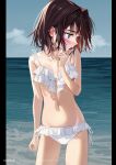  1girl absurdres arm_at_side bikini blue_eyes blue_sky blush breasts brown_eyes clouds collarbone contrapposto elisia_valfelto groin hair_intakes highres horizon looking_to_the_side luicent navel nose_blush ocean original pillarboxed short_hair side-tie_bikini sky small_breasts solo swimsuit swimsuit_skirt white_bikini 