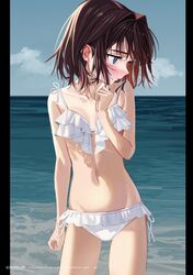  1girl absurdres arm_at_side bikini blue_eyes blue_sky blush breasts brown_eyes clouds collarbone contrapposto elisia_valfelto groin hair_intakes highres horizon looking_to_the_side luicent navel nose_blush ocean original pillarboxed short_hair side-tie_bikini sky small_breasts solo swimsuit swimsuit_skirt white_bikini 