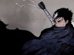  1boy berserk black_cloak black_eyes black_hair cloak dragonslayer_(sword) gradient gradient_background guts_(berserk) highres huge_weapon male_focus mochigomeumee multicolored_hair one_eye_closed scar scar_on_face scar_on_nose short_hair solo sword sword_behind_back two-tone_hair upper_body weapon white_hair 