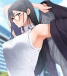  1girl armpits bangs black_hair blue_eyes breasts building day fed_(giba) glasses large_breasts long_hair looking_at_viewer nail_polish office_lady original sky sleeveless solo standing sunlight turtleneck 
