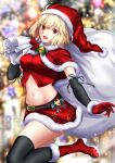  1girl absurdres arcueid_brunestud bangs blonde_hair blush breasts capelet christmas fur-trimmed_capelet fur-trimmed_headwear fur_trim harukey hat highres large_breasts looking_at_viewer open_mouth red_capelet red_eyes red_headwear sack santa_costume santa_hat short_hair smile solo tsukihime 