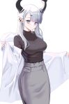  1girl absurdres bangs blue_eyes blush breasts cake_walker copyright_request demon_horns hair_ornament highres horns large_breasts looking_at_viewer pencil_skirt piercing pointy_ears simple_background skirt smile solo turtleneck white_background white_hair 