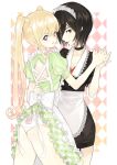  2girls apron back back_cutout black_choker black_hair blonde_hair blue_eyes blush bow bra bra_peek brown_eyes choker closed_mouth clothing_cutout collarbone comiket_87 diamond_cutout frills gradient gradient_eyes hand_on_another&#039;s_waist heart heart-shaped_pupils holding holding_hands long_hair looking_at_viewer looking_back mgg_(x_arte) multicolored_eyes multiple_girls original panties parted_lips patterned patterned_background patterned_clothing pink_lips pink_pupils red_bra red_lips short_hair smile symbol-shaped_pupils twintails underwear violet_eyes white_bow white_panties 