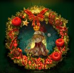  1girl artist_name bangs blonde_hair blue_eyes bow bowtie brown_capelet capelet christmas christmas_wreath demizu_posuka green_background hat long_hair looking_at_viewer original pinecone red_bow red_bowtie red_headwear red_ribbon ribbon santa_hat smile solo star_(symbol) upper_body 