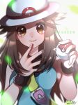  1girl absurdres black_wristband blue_shirt blurry brown_eyes brown_hair bucket_hat closed_mouth commentary_request copyright_name hair_flaps hands_up hat highres holding holding_poke_ball kurumiya_(krmy_p) leaf_(pokemon) long_hair poke_ball poke_ball_(basic) pokemon pokemon_(game) pokemon_frlg shirt sleeveless sleeveless_shirt smile solo upper_body vs_seeker white_headwear wristband 